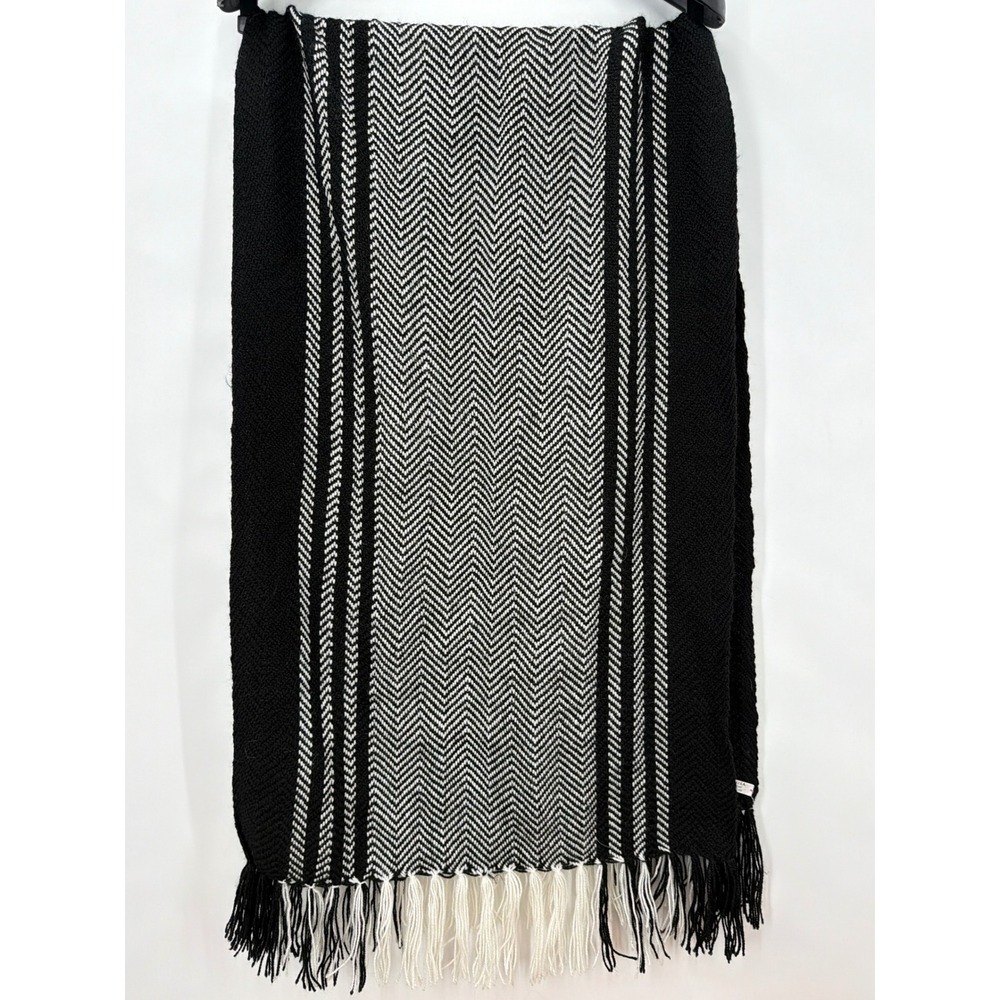 Handwoven Black White Herringbone Striped 100% Wool Scarf Made in Ecuador